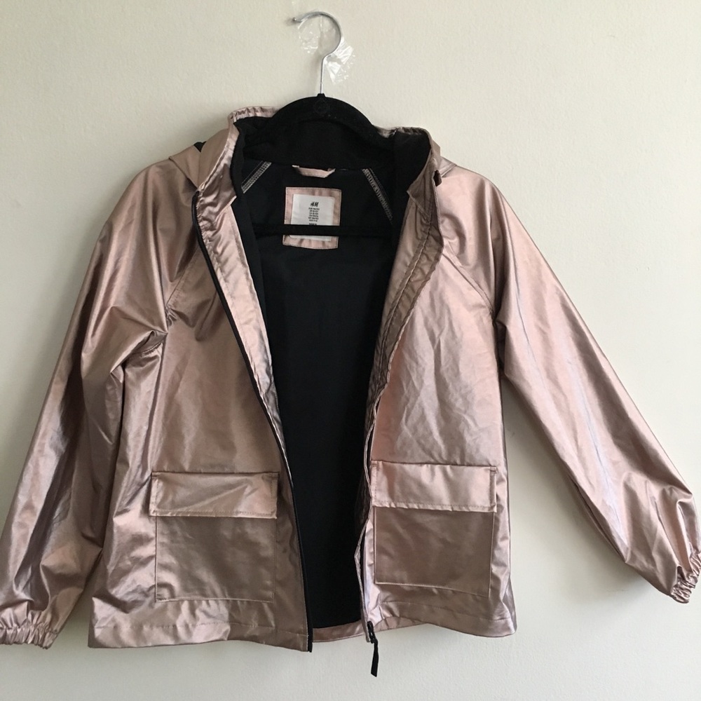 KIDS Metallic Rose Gold Rain jacket removable hood